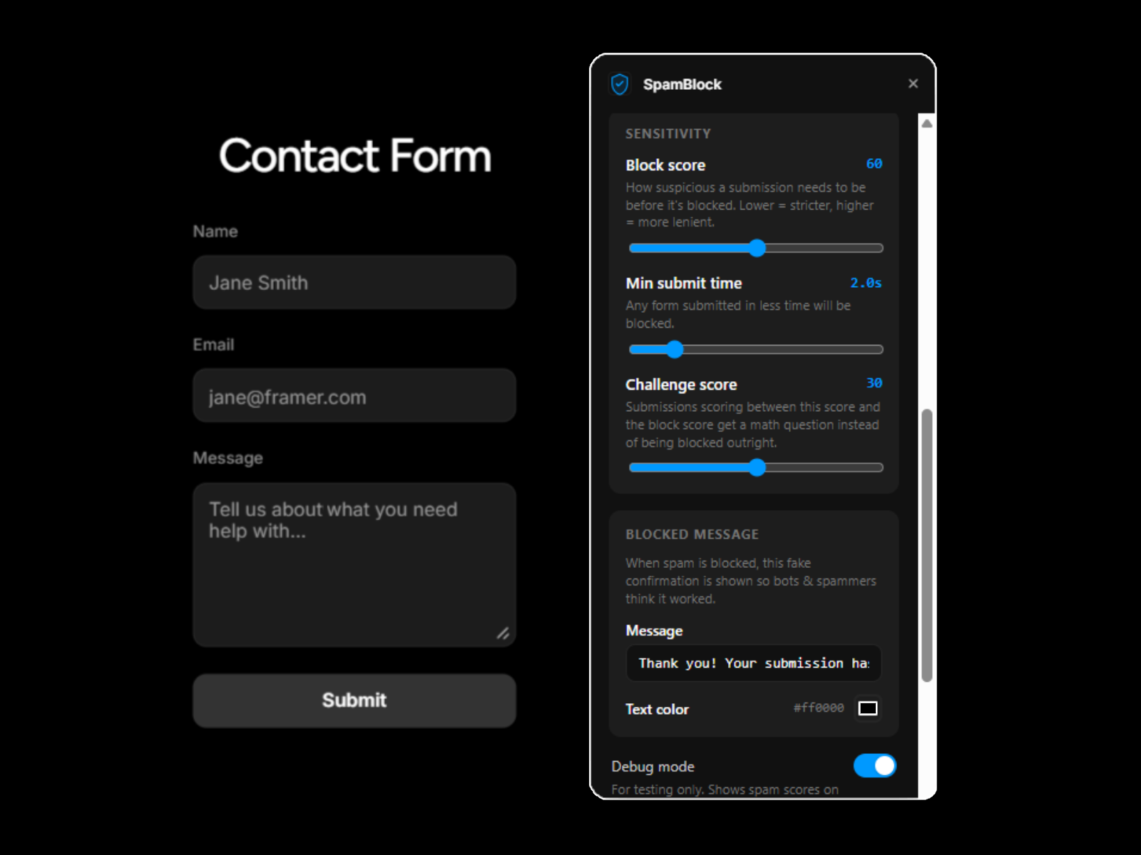 SpamBlock Pro plugin overview in Framer